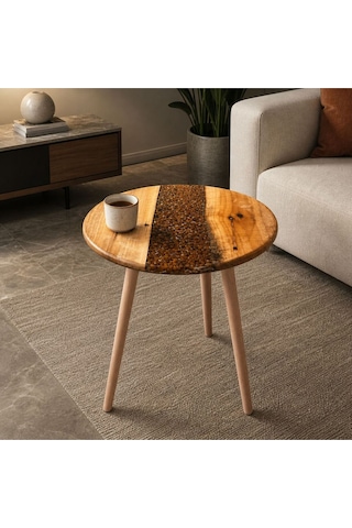 Modern Ahşap & Epoksi Detaylı Yuvarlak Kahve Sehpası 40 Cm Çap, 52 Cm Yükseklik Aletsiz Kolay Kurulum Bej