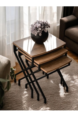 3 Lü Zigon Sehpa Metal Ayaklı Çam Ahşap Kare Misafir Sehpası