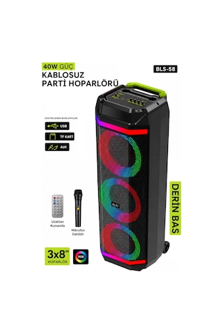 Exenar - Siyah - Blic Bls58 Büyük Boy Bluetooth Hoparlör 40w 3x8" Rgb Led Kablosuz Mikrofonlu Karaoke Hoparlörü