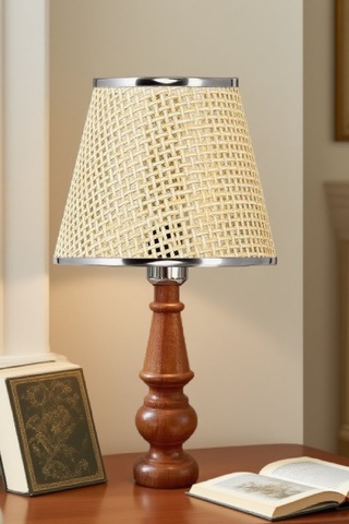 Ahşap Gövdeli Kumaş Başlıklı Dekoratif Abajur Masa Lambası Aydınlatma Lamba Bej