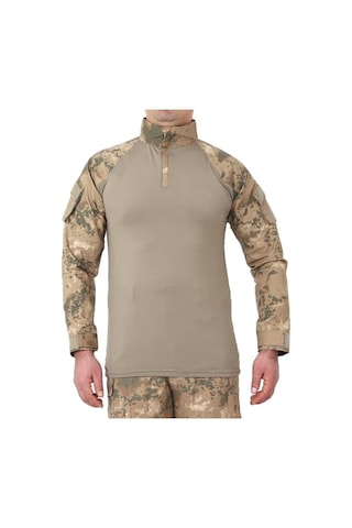 Çöl Kamuflaj Combat Tişört Mikrofiber Yan Kollar Cepli Fermuarlı Slimfit Kesim Kamuflaj