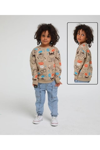 Jack Lions Erkek Çocuk Pamuklu Üç İplik Figür Desenli Sweatshirt-13621 Camel