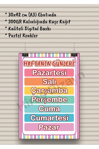Haftanın Günleri Afişi Eğitici Çocuk Posteri Okul Öncesi İlkokul Sınıf Duvar Panosu Öğretmen Materyali 30x42cm A3 Kalın Kuşe Kağıt