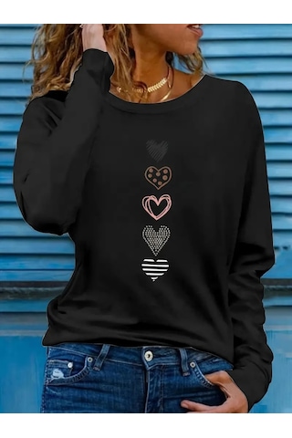 Kadın Uzun Kollu Bisiklet Yaka Desenli Viskon Bluz Siyah