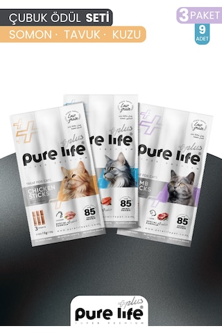 Purelife Plus Karışık Stick Somon Tavuk Kuzu Etli Kedi Ödül Çubuk Seti 3 x 15 G