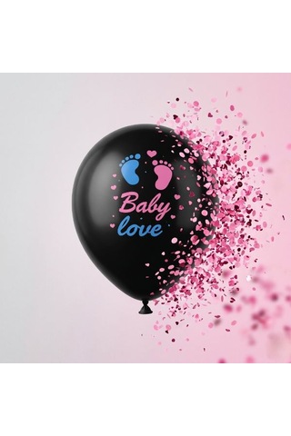 Pembe Konfetili Siyah Latex Cinsiyet Balonu Baby Love Baskılı Çok Renkli