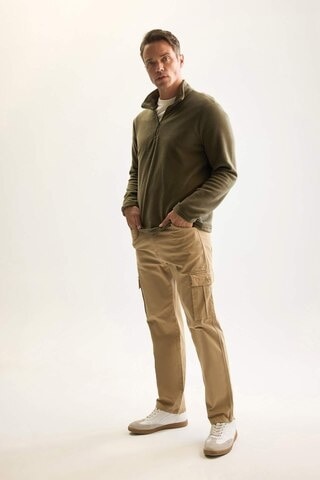 DeFacto Haki Tüylenme Yapmayan Soğuk Geçirmez Regular Fit Dik Yaka Fermuarlı Polar Sweatshirt Y3996AZNSKH469 Haki