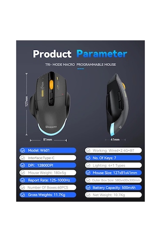 Mkespn Sxs-w601 7 Tuşlu Gaming Mouse Karbon Fiber 3 Modlu Kablolu - Bluetooth - Usb Alıcılı 12800 Dpı Makro Tanımlı Oyun Faresi -