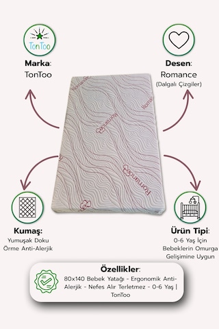 80x140 Bebek Yatağı - Ergonomik Anti-alerjik - Nefes Alır Terletmez - 0-6 Yaş 80 X 140 X 10 Cm 28 Dns Poliüretan Sünger