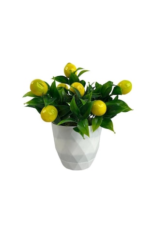 Yapay Çiçek Beyaz Saksıda Limon Dekoratif Masa Çiçeği 25Cm