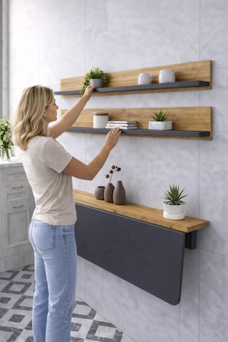 Duvara Monte Katlanır Masa & 2 Li Raf Seti Antrasit Çam 60x110 Cm Antrasit - Çam