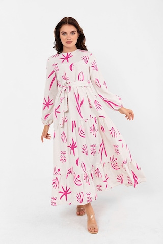 Desenli Yazlık Baharlık Keten Elbise 2103 Pembe