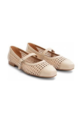 Ne&ve Shoes Bej Deri Biye Örgü Detaylı Tokalı Kadın Babet