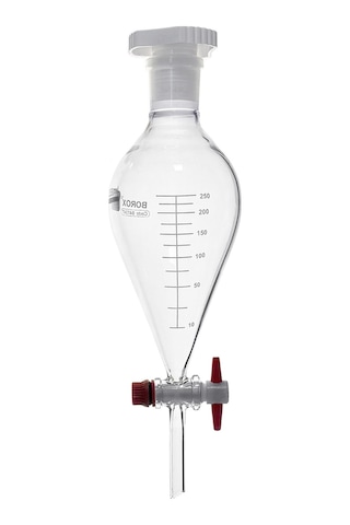 Borox Armudi Tip Teflon Musluklu Tıpalı Hacim Ölçekli﻿﻿ Cam Ayırma Hunisi 250 ML