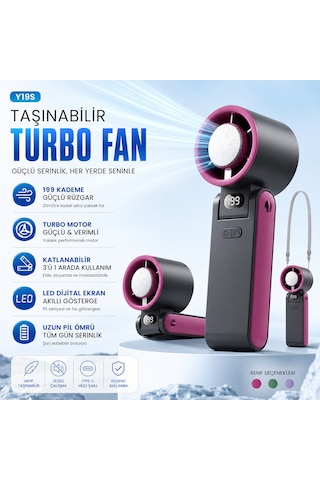 Y19s Taşınabilir Turbo Fan 199 Kademeli Şarjlı Mini Vantilatör Led Ekranlı Sessiz El Fanı