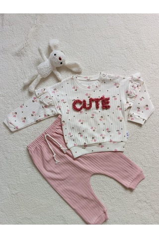 Bilge Trend Kız Bebek Çiçekli Fırfır Detaylı Pamuklu Penye Takım Pembe