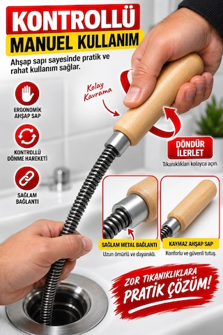 13 Mm 20 Metre Spiral Kanal Açıcı Ahşap Saplı Manuel Gider Açma Teli, Esnek Tesisat Temizleme Su