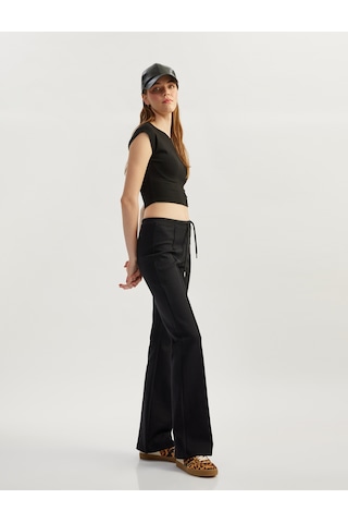 Koton Beli Bağcıklı Nervürlü Slim Fit İspanyol Paça Eşofman Altı Siyah 5sal40128ık Siyah