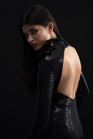 Mathilda Store Kadın Siyah Tasarım Payet Midi Elbise