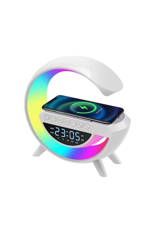 Mey İthalat Kablosuz Şarjlı Led Işıklı Masa Saati Bluetooth Hoparlör Alarm Fonksiyonlu
