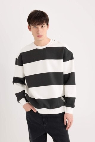 DeFacto Boxy Fit Bisiklet Yaka Çizgili Dokuma Etiketli Sweatshirt A9066AX24AUBK81