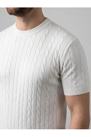 Vexor Erkek Yazlık Triko Dokuma Tişört Kısa Kol Bisiklet Yaka Örgü Desenli T-shirt - Beyaz