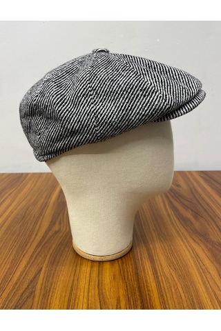 Hamze Peaky Blinders Model İngiliz Tarz Kaşe Kumaş Çizgili Kasket Şapka Siyah
