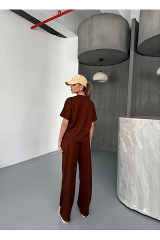 Moderie Butik Osy Modal Yumuşak Dokulu Kumaş Kısa Kollu Bluz Rahat Pantalon Ikili Takım- Kahverengi Kahverengi