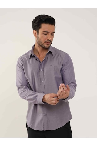 Dufy Mor Erkek Slim Fit Düz Brent Düğmeli Yaka Uzun Kol Gömlek - 102459-mor Mor