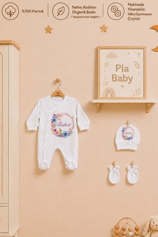 Pia Baby İsme Özel Kız Bebek Hastane Çıkışı 4 Lü Set %100 Pamuk Organik Baskılı Battaniyeli Tulum Seti 1036bt0x Ekru