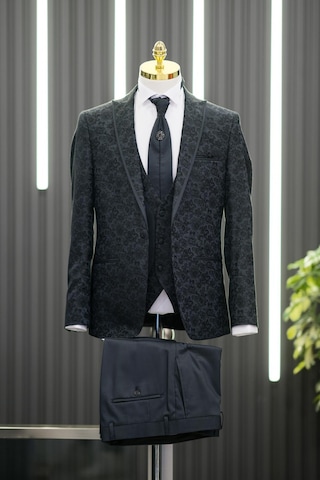 Sivri Yaka Yelekli Flarlı Çiçek Desenli Pantolon Kombinli Slimfit Smokin Takım Elbise 001
