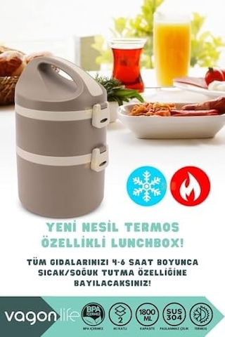 1800ml Lunchbox 2 Katlı 4-6 Saat Sıcak/soğuk Termos Özellikli Çelik Sefer Tası Yemek Kutusu Kahverengi Açık
