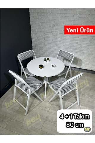 Aras 4 Kişilik Yuvarlak Mutfak Yemek Masası Takımı 4+1 Beyaz Kazayağı Kumaş 80 Cm Beyaz-kazayağı