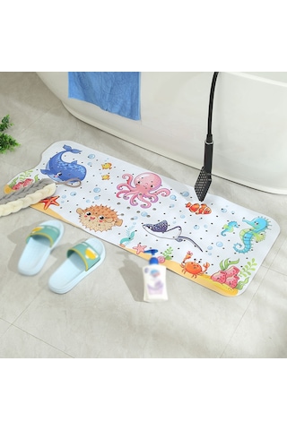 Leezsing Deniz Temalı Çocuk Banyo Paspası - 100x40 Cm Pvc Kaymaz Tabana Sahip, Drenaj Delikli, Yıkanabilir Tasarım Çok Renkli