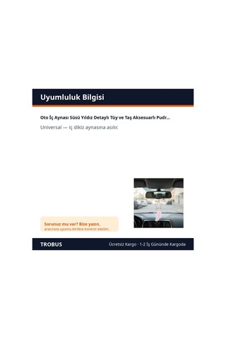 Trobus Oto İç Aynası Süsü Yıldız Detaylı Tüy Ve Taş Aksesuarlı Pudra Pembe