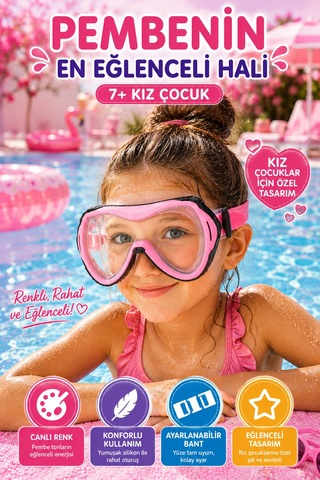 Pembe Çocuk Deniz Havuz Dalış Maskesi Tempered Cam Tek Silikon Ayarlı Yüzücü Maskesi 7+ Yaş