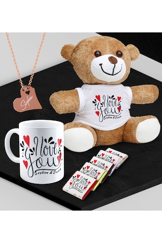 Kişiye Özel Sevgili Peluş Ayı Kupa Madlen Çikolata Ve Rose Kalp Kolye Set - 82