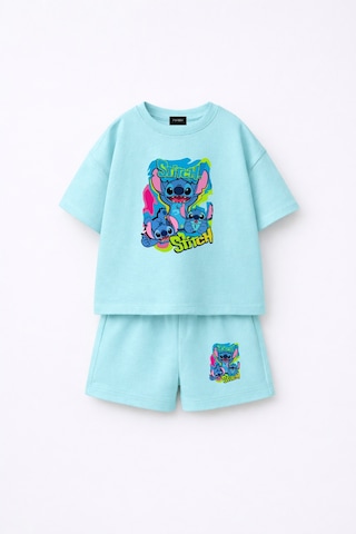 Fasardi Stitch Ön Arka Baskılı Oversize %100 Pamuk Tişört Şort Çocuk 2li Takım Bebek Mavi