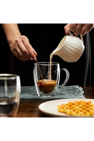 Kosona 350ml Yüksek Borosilikat Cam Kahve Fincanı - Isı Dayanıklı, Çift Katlı, Tutamaklı, Çamaşır Makinesine Uygun Diğer