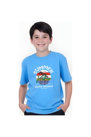 Summer Baskılı Erkek Çocuk Yuvarlak Yaka Kısa Kollu T-shirt Mavi