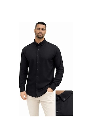 Defymoda Erkek Keten Kumaş Oversize Uzun Kollu Rahat Kalıp Gömlek - Siyah
