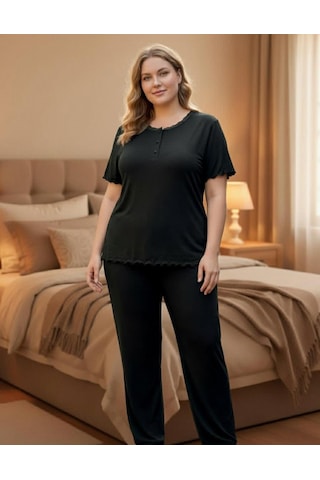 Derya Kadın Bambo Büyük Beden Düğme Yaka İnce Kısa Kol Pijama Takımı 7940 - 1 Adet Siyah