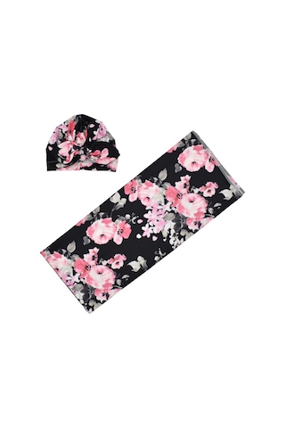 Neevoyu Yeni Doğan Bebek Bezi Ve Şapkalı Sarımalık - Poliester Elbise - 80x80 Cm - Siyah Taban Çiçek Desenli 190702 Siyah