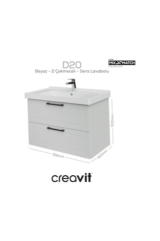 Creavit D20 80 Cm İki Çekmeceli Lavabo Dolabı Beyaz Lake Beyaz