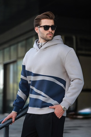 Madmext Boyalı Gri Kapüşonlu Fermuar Yaka Desenli Erkek Sweatshirt E7162 Gri