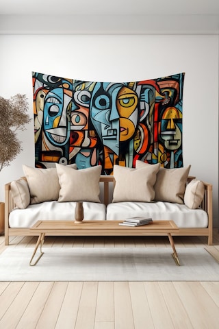 Renkli Yüzler Desenli Duvar Halısı Duvar Örtüsü Tapestry Süet Dokulu Kumaş