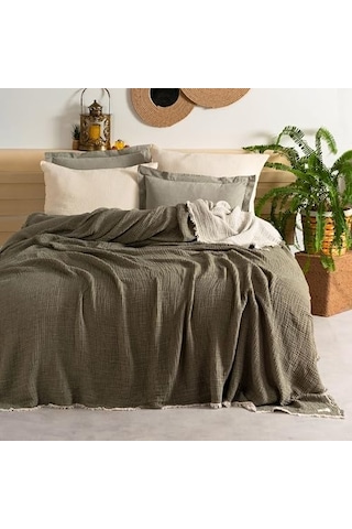Müslin Pike Tek Kişilik, 100% Pamuk 4 Katlı Kaliteli Müslin Yatak Örtüsü, Dekoratif Şık Yumuşak Hafif Yazlık Pike Haki Yeşil, Tek Kişilik 160x220 Cm Açık Indigo