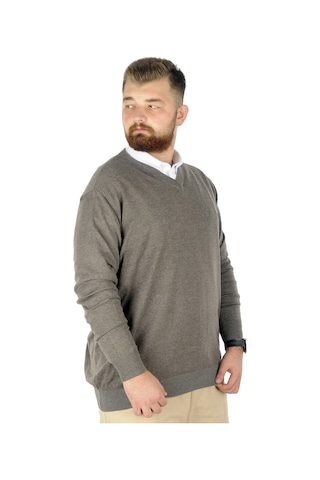Mode Xl Büyük Beden Kazak V Yaka 22206 Sütlü Kahve 001
