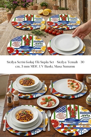Sicilya Serisi Kolaj 4lü Supla Set 30 Cm Mdf Uv Baskı Çok Renkli