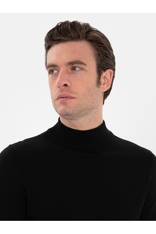 Cacharel Siyah Slim Fit Yün Karışımlı Yarım Balıkçı Yaka Basic Triko Kazak